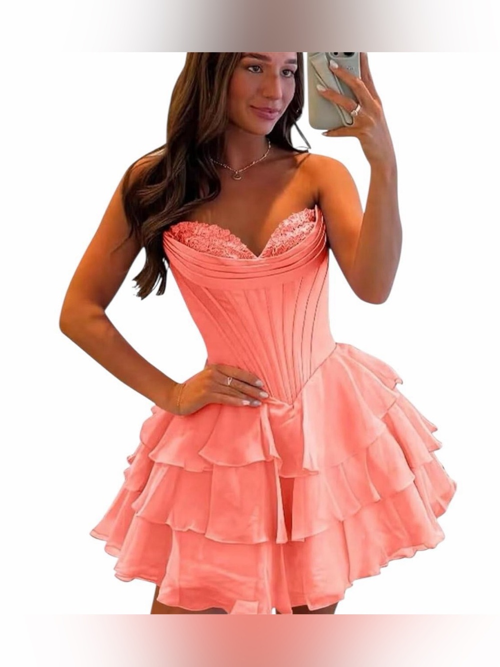 Coral Corset Back Tiered Ruffle Mini Dress Size 16